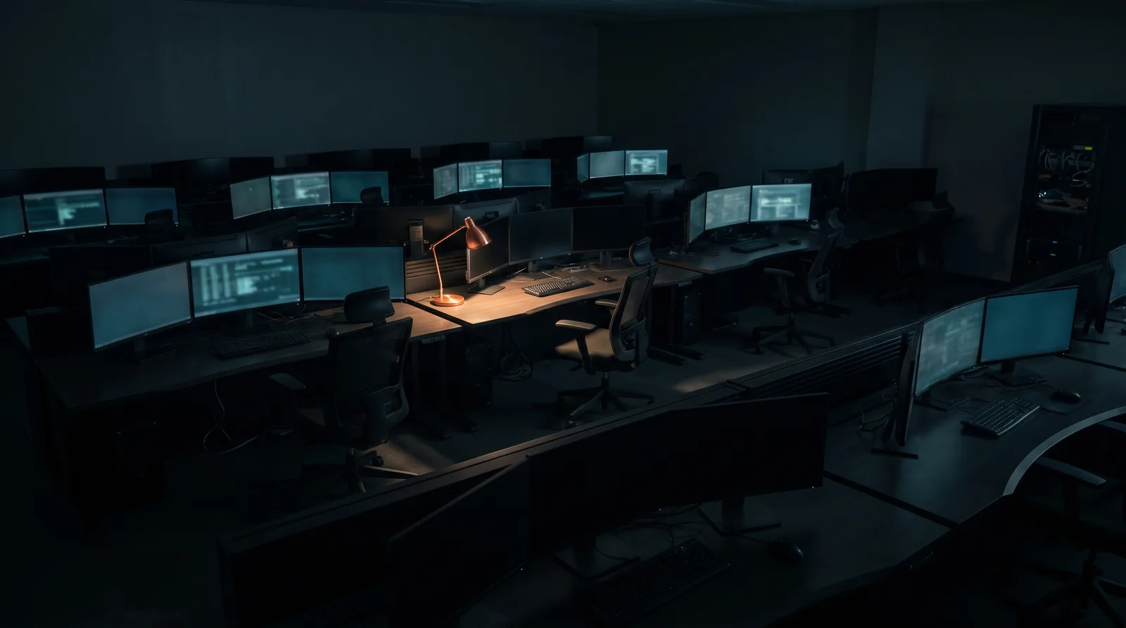 Sala de operaciones de red vacía de madrugada, los monitores encendidos y nadie frente a ellos