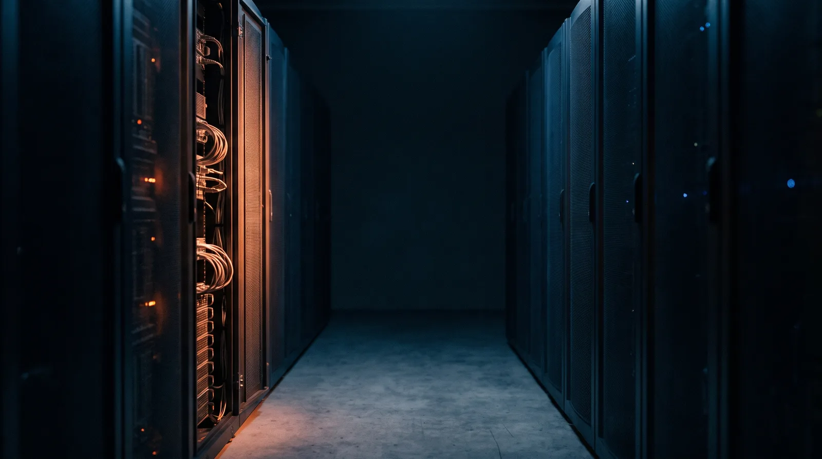 Dos racks idénticos en un cuarto a oscuras, uno iluminado y el otro apenas visible al fondo